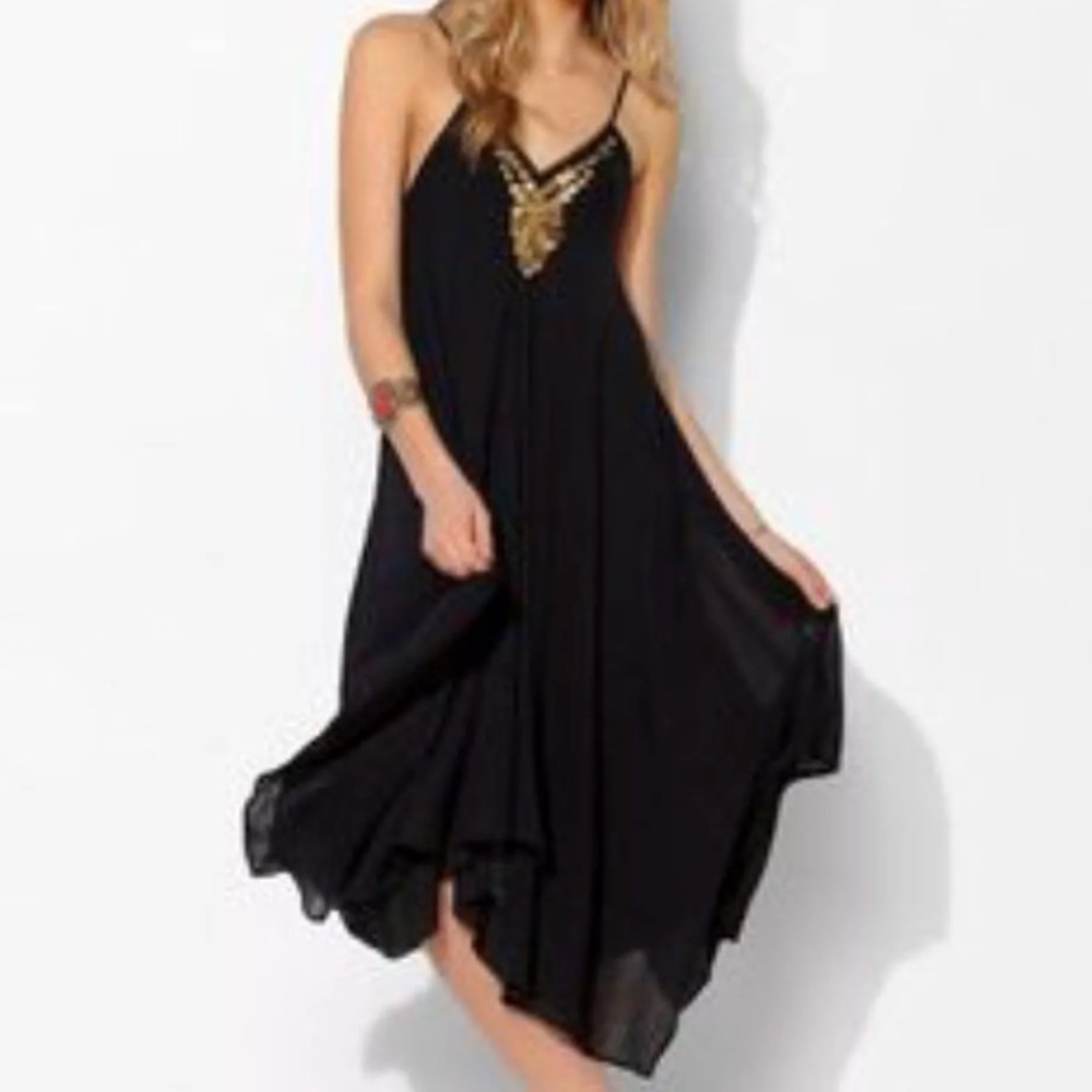 Black Asymmetrical Dress with Gold coin Accents